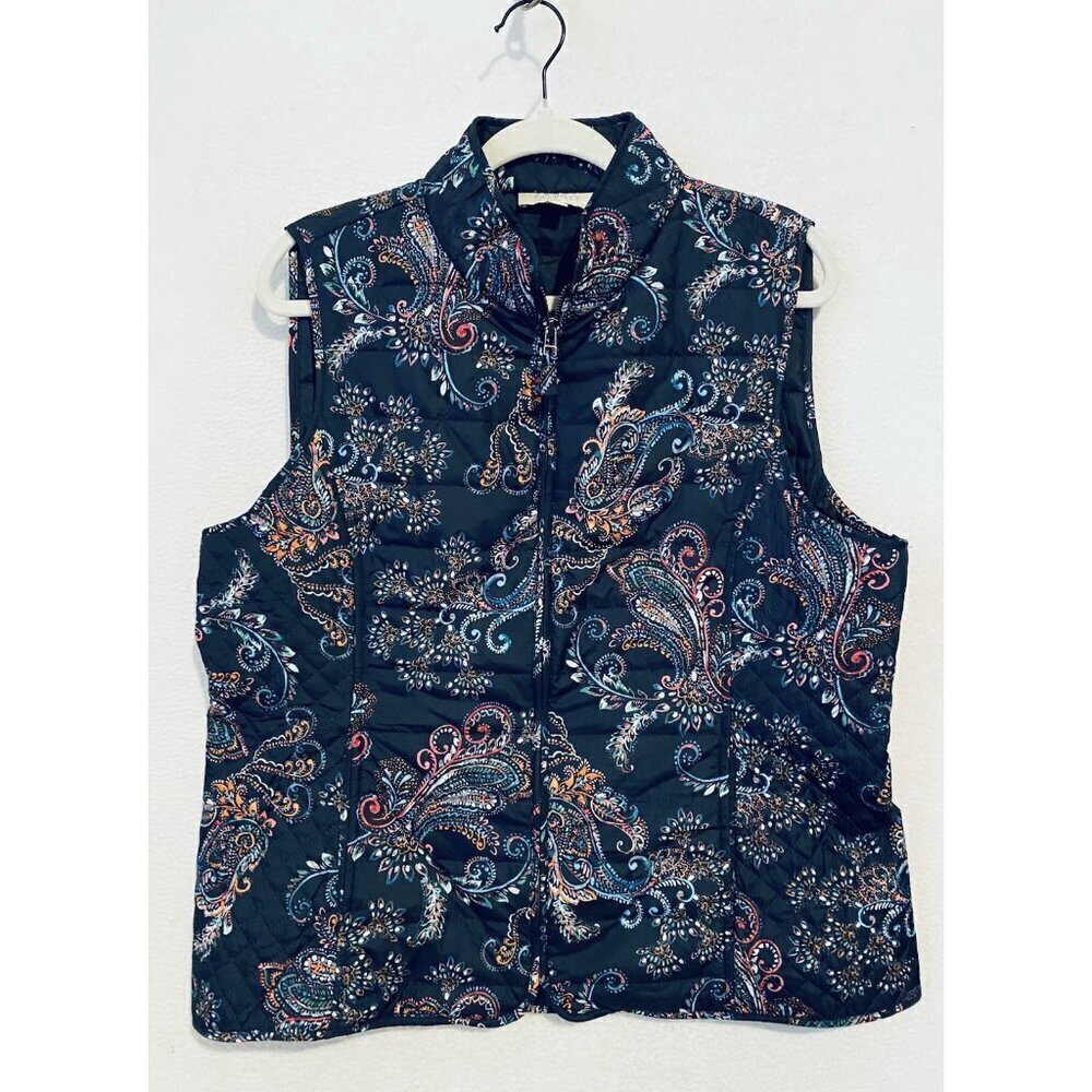 Talbots Vest Womens Large Navy Blue Paisley Quilted Full Zip Pockets Y2K Grandma